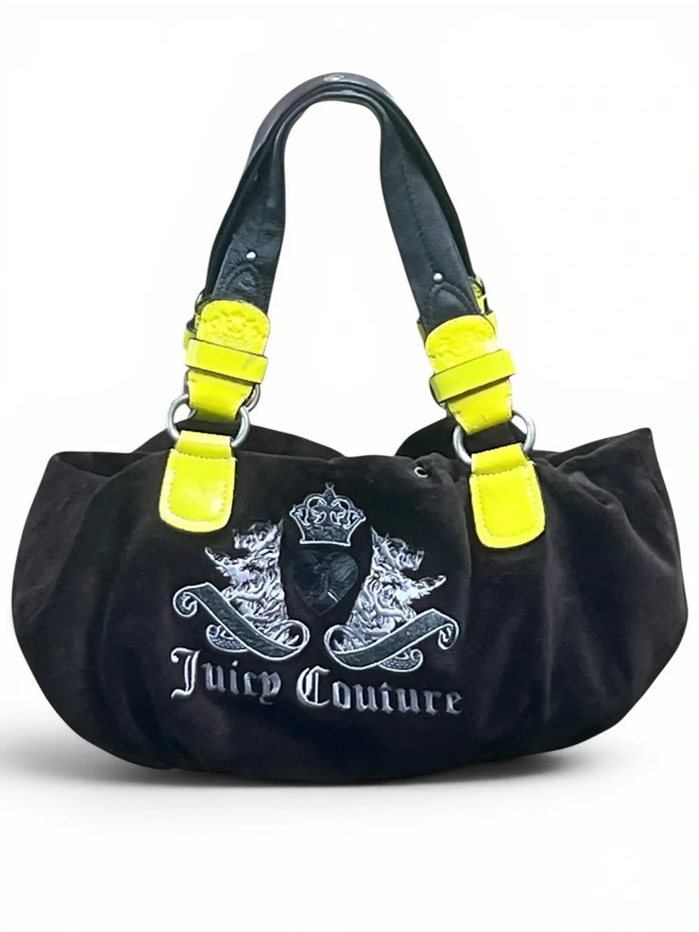 Vintage Y2K Juicy Couture Black Velour Hobo Bag Neon Yellow Scottie Crown Logo